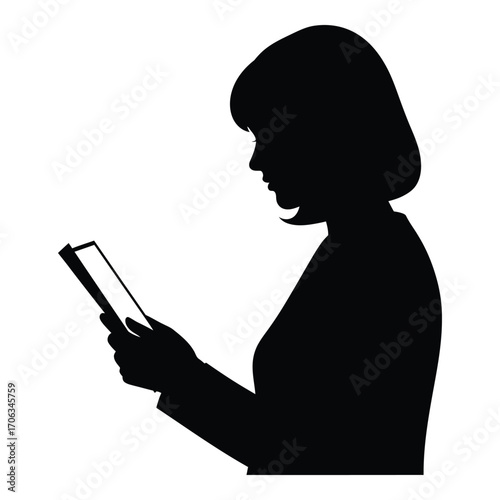 Silhouette of a woman reading on a tablet device modern technology user profile silhouette