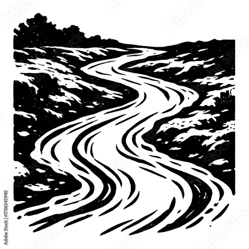 A captivating monochrome woodcut illustration showcasing a tranquil, winding river flowing through a serene natural landscape, bordered by banks and hills. This vintage artwork evokes peacefulness and