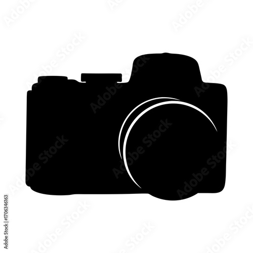 Silhouette of an SLR camera with lens represented by white lines