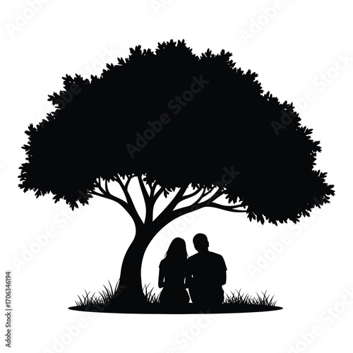 Silhouetted couple under large tree romantic nature scene peaceful outdoor embrace love story silhouette