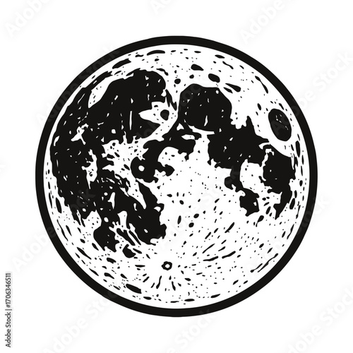 Black and white full moon illustration in classic woodcut style. Detailed craters and textured surface. Perfect for astronomy, space art, graphic design, educational content, and mystical themes. Capt