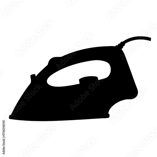 A simple black silhouette graphic depicting a classic clothing iron appliance