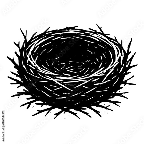 Black and white silhouette of an empty bird's nest made from twigs. This illustration symbolizes nature, home, and new beginnings. Perfect for eco-friendly and wildlife themes. A beautiful, timeless r