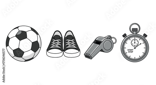 Dynamic soccer ball stylish sneakers sharp whistle and precise stopwatch ready for game day action and athletic training success, Generative AI.