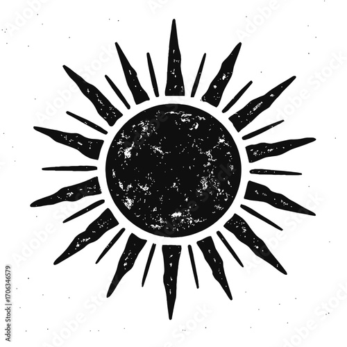 Gritty Black Sun Symbol Illustration with Jagged Rays, Distressed Texture, and Mystical Celestial Vibes. Hand-Drawn Esoteric Cosmic Star Graphic for Spiritual Designs, Witchy Art, Bohemian Aesthetics,