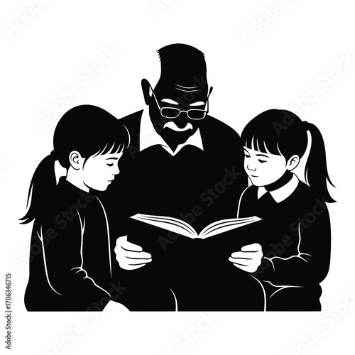 Grandfather reading story book to two children family bonding childhood education memories silhouette