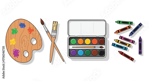 Unleash creativity with vibrant art supplies including a paint palette watercolors and colorful crayons ready for your next masterpiece project, Generative AI.