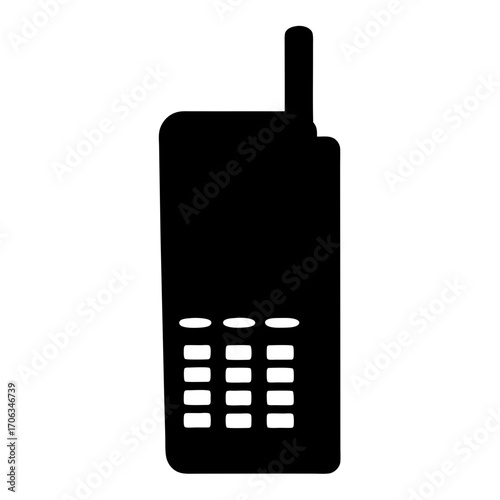 Black silhouette of an old style cellular telephone with antenna and buttons