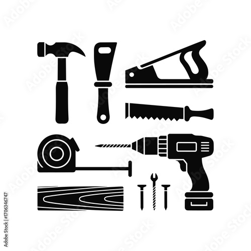 Collection of classic black and white construction tools ready for diy projects and home improvement