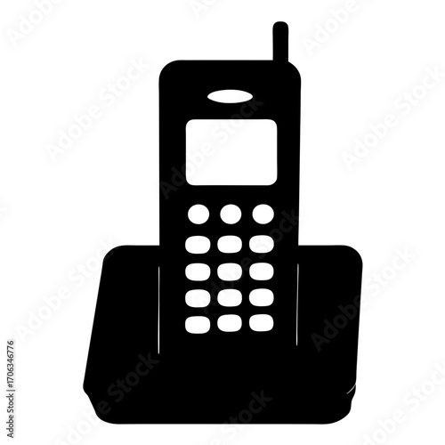 Silhouette of a cordless home phone on its charging base, retro style