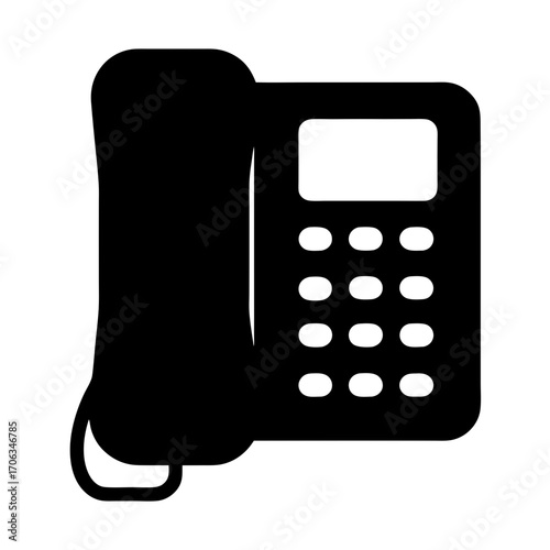 Black and white illustration of a retro landline telephone with display