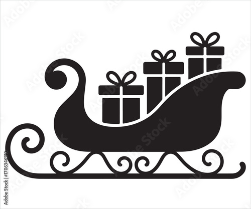 Black silhouette of Christmas sleigh with gift boxes, festive holiday vector illustration symbolizing celebration, Santa tradition, winter season, presents, decoration, New Year joy, generosity, and c