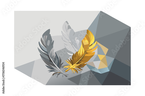 Three feathers, one golden, one silver, one grey, on a geometric background