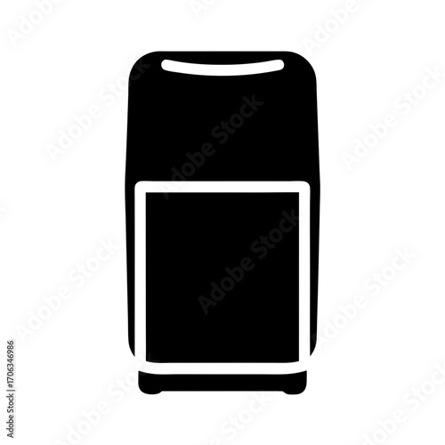 A minimalistic black silhouette of a suitcase or luggage with white accents