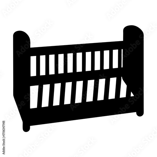 Silhouette of a baby crib with vertical slats and rounded edges