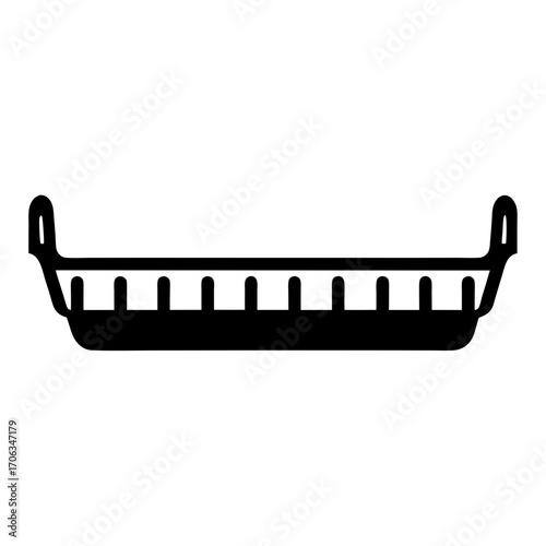 Stylized illustration of a black basket with handles and a flat base