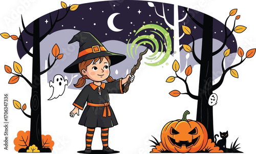 Cute little witch casting a spell in a spooky halloween forest at night time