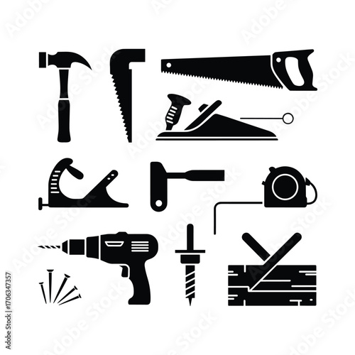 Collection of carpentry and woodworking tools for diy projects and construction work
