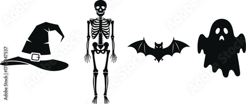 Halloween silhouettes of a witch hat skeleton bat and ghost on white background