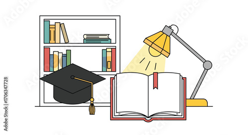 Achieve academic success with this vibrant illustration of a graduation cap open book and desk lamp illuminating knowledge and learning, Generative AI.