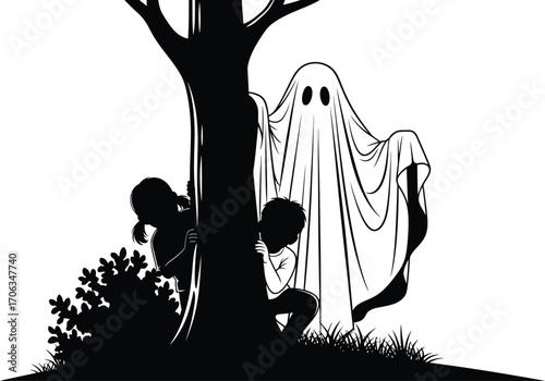 Children hiding from a ghost behind a tree in a spooky black and white scene
