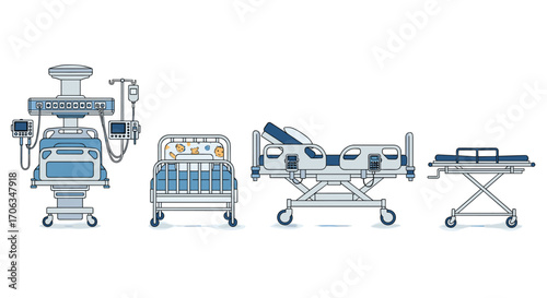 Modern hospital beds and medical equipment collection essential healthcare solutions for patient care and comfort, Generative AI.