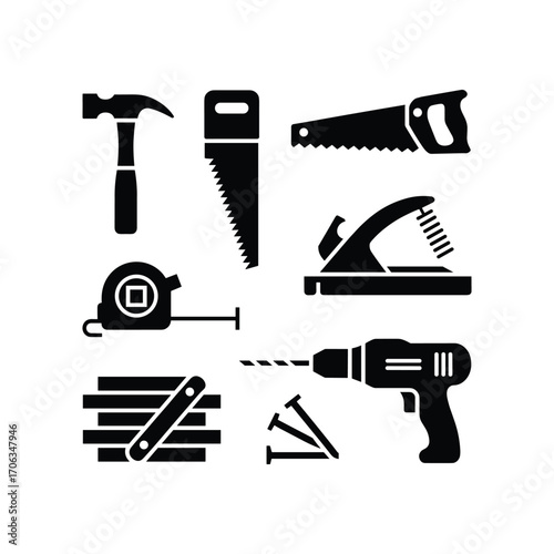 Collection of silhouetted handyman tools including hammer saw drill measuring tape and wood planks