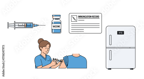 Caring nurse administers vaccine to patient while immunization record and cold storage await promoting health and safety, Generative AI.