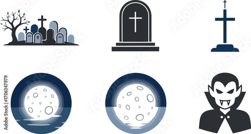 Spooky halloween icons featuring graveyard tombstones moon and vampire graphic