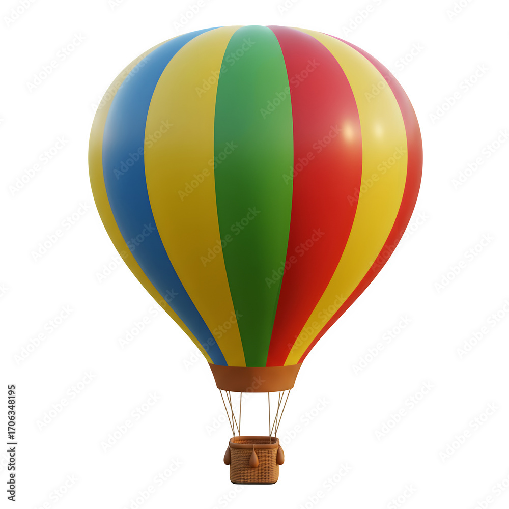 Fototapeta premium Colorful hot air balloon with red yellow green and blue stripes isolated on white or transparent background. PNG, symbolizing adventure freedom and travel with cheerful uplifting mood