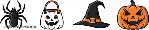 Halloween icons including a spider trick or treat bag witch hat and pumpkin