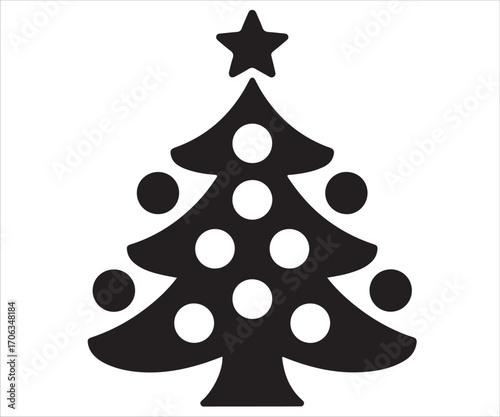 Black silhouette of decorated Christmas tree with star and ornaments, festive holiday vector illustration symbolizing celebration, winter tradition, seasonal decoration, New Year spirit, joy, and cult