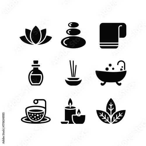 Collection of nine black simple silhouette icons representing wellness spa and relaxation objects in a grid