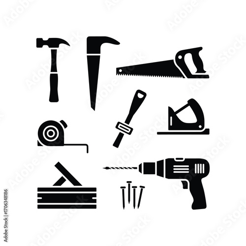 Collection of essential carpentry and diy tools for construction and repair projects
