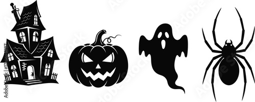 Spooky halloween silhouettes of a haunted house pumpkin ghost and spider art