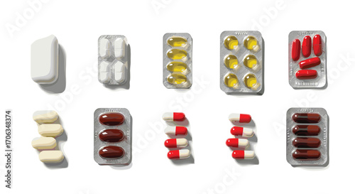 Various pill blister packs and loose capsules arranged for medical or pharmaceutical concepts showcasing diverse medication forms and packaging designs, Generative AI.