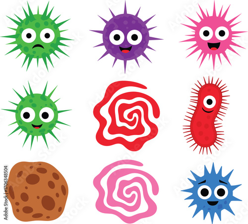Cartoon cute colorful virus and bacteria characters set, funny microbes with various emotions and happy expressions.