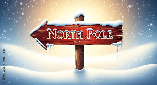 Christmas day a rustic north pole sign covered in snow, evokes the enchantment of christmas and the journey to santas workshop in a winter wonderland