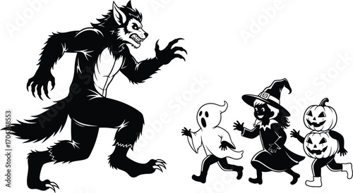 Cartoon werewolf chasing children in halloween costumes on a white background