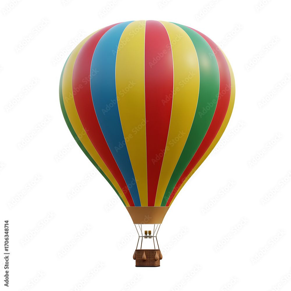 Naklejka premium Colorful hot air balloon with red yellow green and blue stripes isolated on white or transparent background. PNG, symbolizing adventure freedom and travel with cheerful uplifting mood
