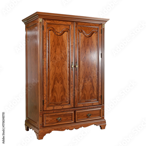 Elegant antique wooden wardrobe with ornate detailing and two drawers, a timeless piece of furniture for any home