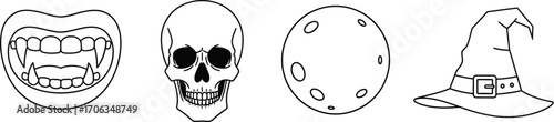 Halloween icons featuring vampire teeth skull moon and witch hat in black line
