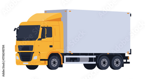 a yellow truck with white cargo container parked