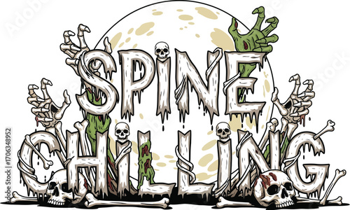 Spine chilling design with skulls bones and zombie hands against a full moon
