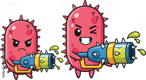 Funny cartoon bacteria characters with spiked water guns, playful microbes, cute germs, animated pathogen vector art.