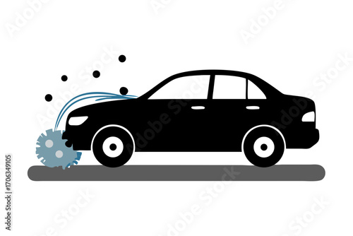 Black sedan car with dirt particles and water splashes on a