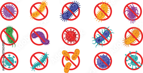 Stop bacteria and viruses, prohibition sign germs illustration, infectious disease prevention, medical health protection vector cartoon design