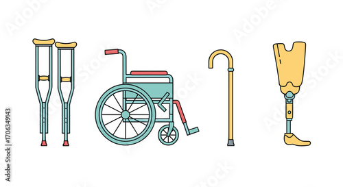 Essential mobility aids including crutches wheelchair cane and prosthetic leg symbolizing independence and recovery for healthcare and wellness, Generative AI.