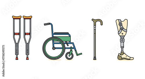 Essential mobility aids including crutches wheelchair cane and prosthetic leg representing independence and rehabilitation, Generative AI.