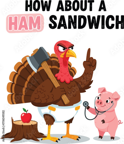 Vector art of angry turkey holding axe with pig wearing stethoscope
